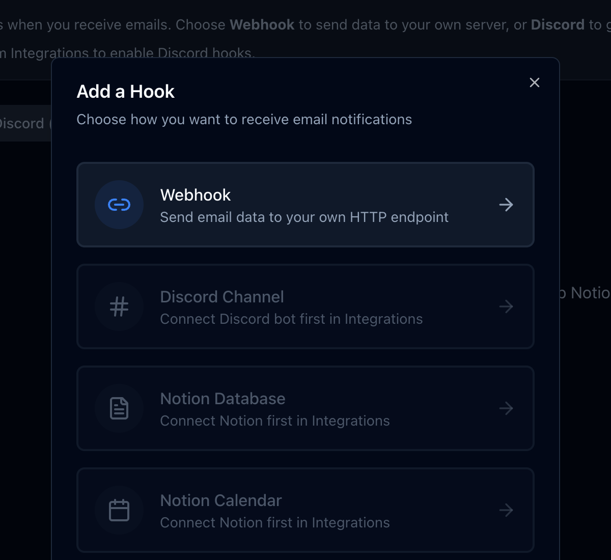 Add a hook — choose between Webhook, Discord, Notion Database, or Notion Calendar