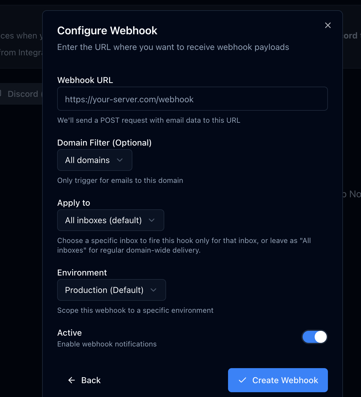 Configure a webhook with URL, domain filter, inbox scope, and environment