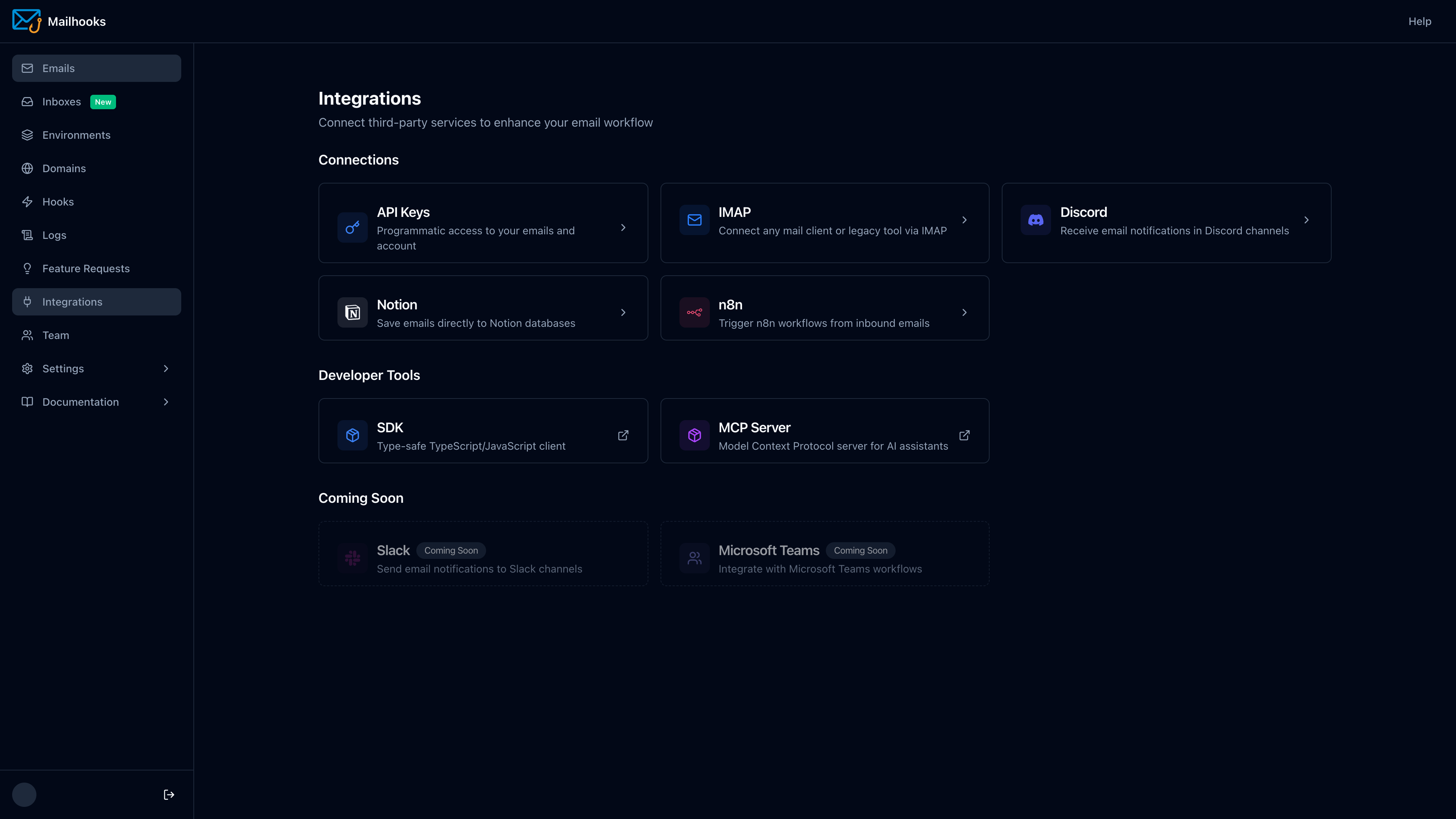 Mailhooks integrations — API Keys, IMAP, Discord, Notion, n8n, SDK, and MCP Server